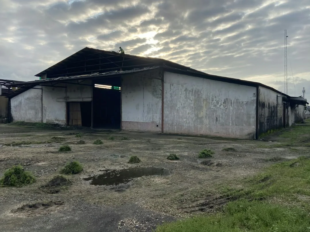 Angled view of original factory exterior