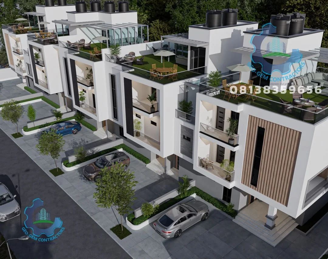 Geo-Gem residential apartment design visualisation with roof terraces and parking