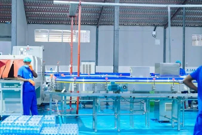 Wide view of a water bottling production line