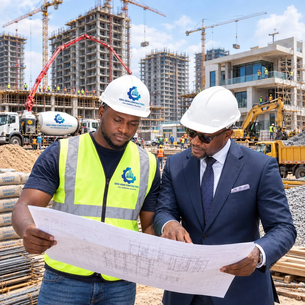 Illustrative project management team reviewing plans on a construction site